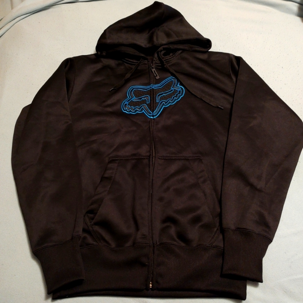 Fox Racing Hoodie Sweatshirt Mens Medium Black Full Zip Blue Logo Motocross NWOT